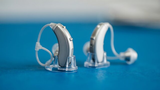Modern hearing aid devices on blue surface for people with hearing loss