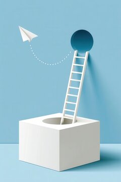 Paper airplane and ladder leading from a box to a round opening - concept of escape and creativity