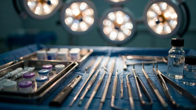 Surgical tools on a metal tray in an operating room under sterile lights