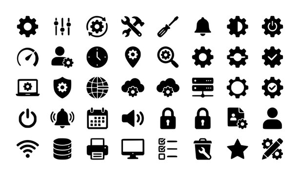 Settings Black Icon Collection with Gear Configuration System and Control Symbols