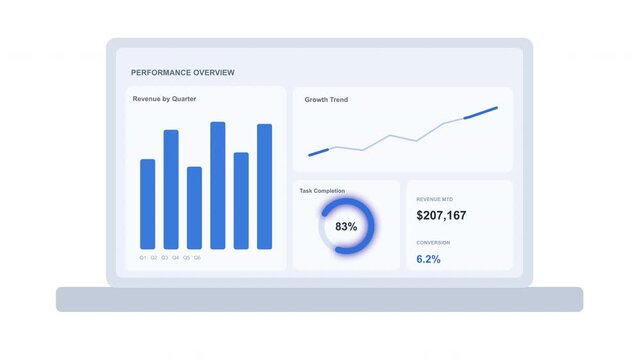 Statistical dashboard on laptop with blue graphs and neumorphic UI for business insights
