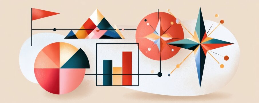 Abstract minimalist data illustration with charts, compass, mountains and connected infographic elements for strategy