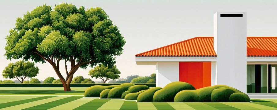 Modern house and picturesque garden with large leafy tree and manicured green lawn