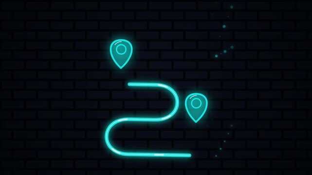 Neon route map with location pins and path on dark brick background
