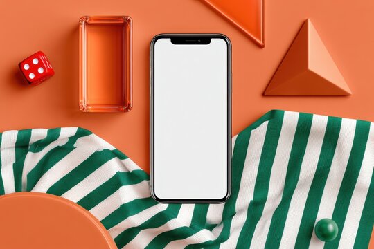Smartphone mockup with blank white screen on orange background with striped cloth and game pieces