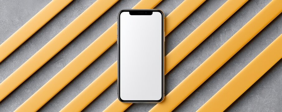 Top-down smartphone mockup with blank white screen on yellow diagonal stripes background