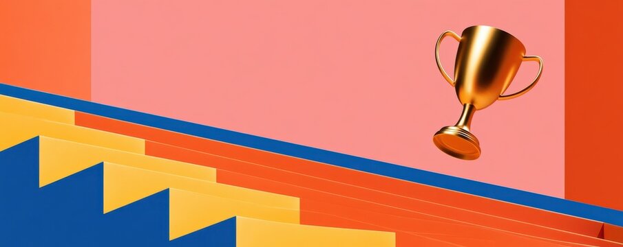 Gold trophy floating above colorful stairs in a vibrant 3D celebration of success and achievement