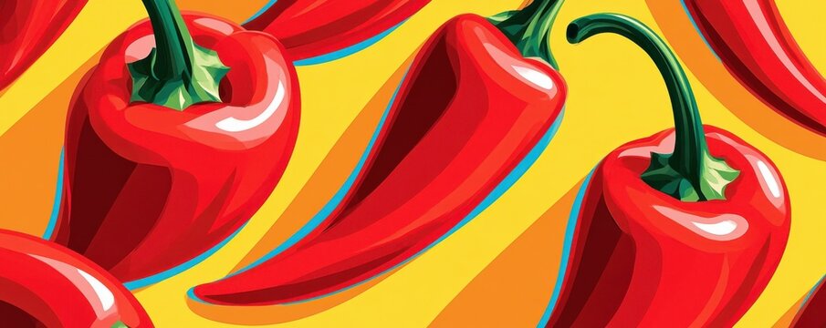 Vibrant pop art red chili pepper pattern illustration with glossy stylized peppers on yellow background