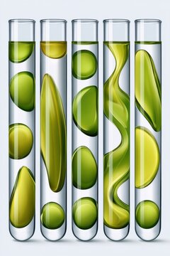 Visually striking row of five glass test tubes with green liquid shapes in a laboratory style composition