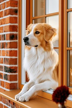 White fluffy dog sitting in a wooden window frame looking outside with warm brick wall background