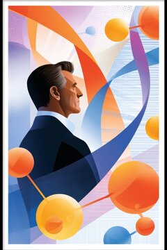 Business leader portrait with abstract colorful ribbons and molecular shapes suggesting innovation
