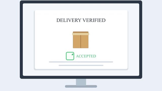 Delivery verified on computer screen with green checkmark approval