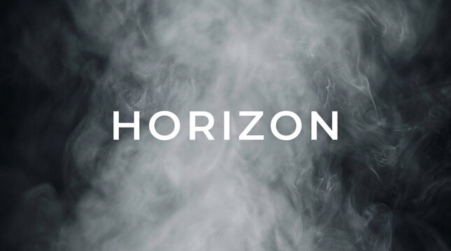 Cinematic smoke background with Horizon text, atmospheric white vapor on dark backdrop, mysterious fog texture for movie titles and creative branding
