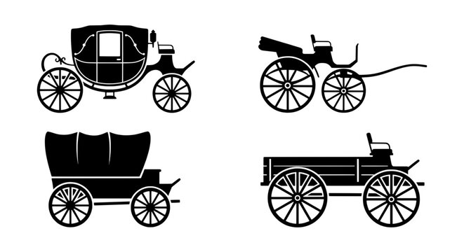 Vintage Horse-Drawn Carriages, Old Fashioned Transport Icons, Retro Vehicle Silhouettes, Historical Transportation Set