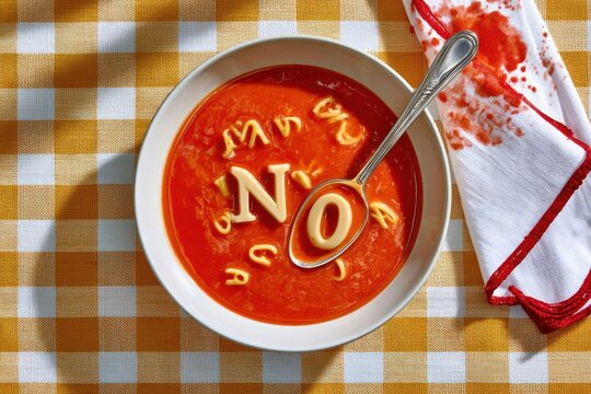 Overhead view of alphabet tomato soup spelling 'NO' with spoon and stained napkin