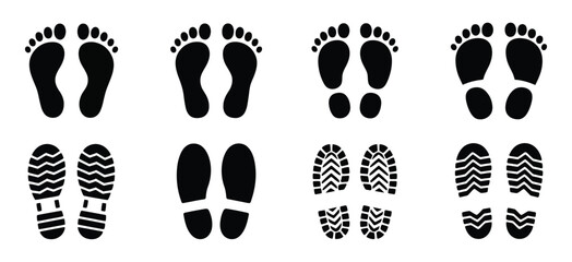 Footprint icon set, shoe print silhouettes, walking and travel symbols, human movement concept, lifestyle vector design, mobility theme © Bulbuli