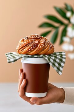 Hand holding takeaway coffee cup with cinnamon bun on a cloth for breakfast on the go