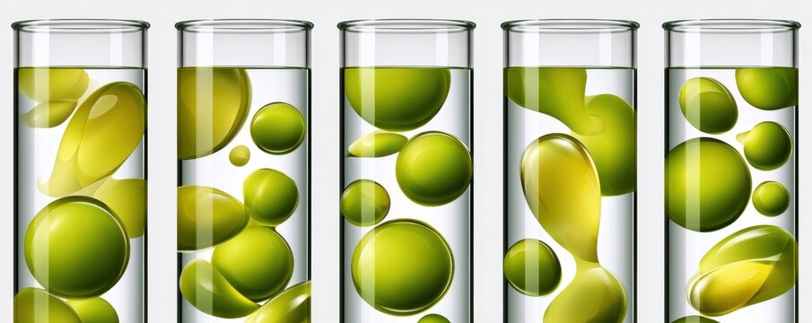 Close-up of five clear glass tubes with green liquid bubbles in a clean lab-style composition