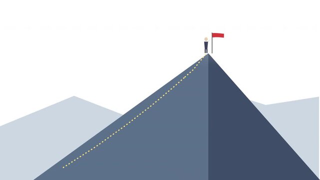Man plant flag on mountain peak, achievement, success, leadership, flat design animation