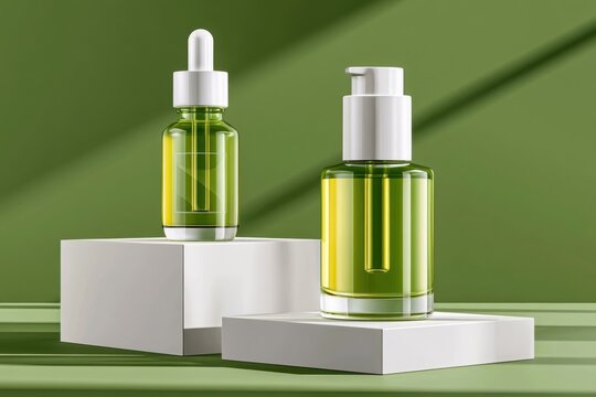 Green glass skincare bottles with dropper and pump on minimalist white podiums for natural cosmetics