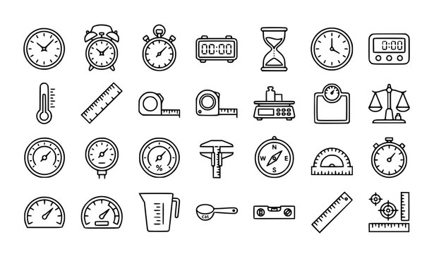 Timers and measurement outline icon set editable clocks thermometer ruler vector