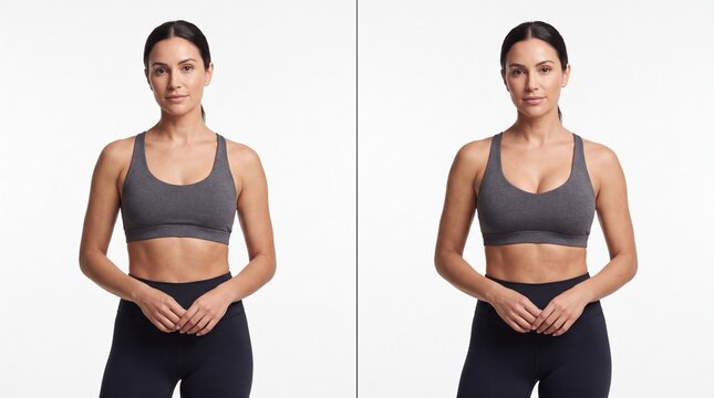 Before and after breast augmentation comparison, athletic woman in sportswear, neutral background, confident expression, fitness concept, body transformation, cosmetic surgery result