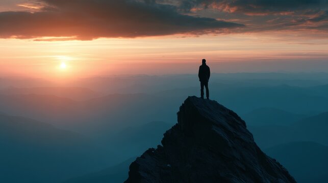 Lone Climber at Dawn: A solitary figure stands silhouetted against a breathtaking sunrise atop a rugged mountain peak, symbolizing triumph and reflection as the world awakens below.
