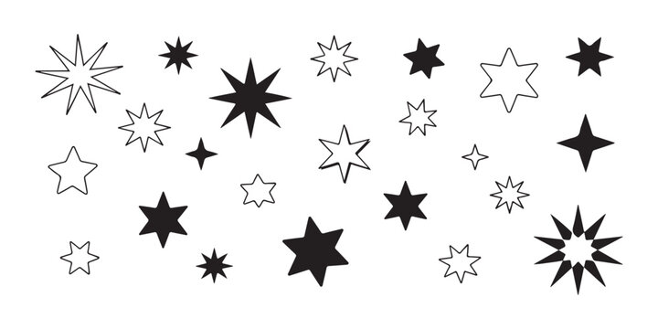 Large collection of different star icons for decorative web and graphic design on transparent grid.