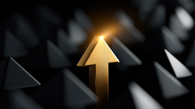 Golden Arrow Leading the Way: A striking golden arrow, illuminated from within, points upwards, breaking free from a sea of dark, indistinguishable shapes, symbolizing leadership and innovation.