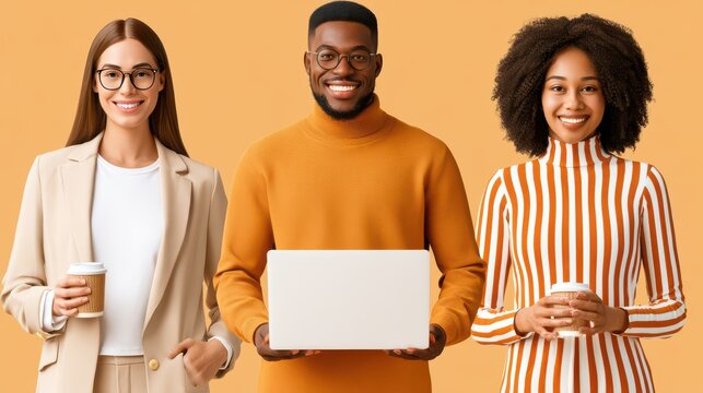 Diverse business team smiling with laptop and coffee in a modern casual office setting