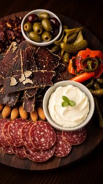 Gourmet meat charcuterie board platter with beef jerky salami olives on dark wooden background