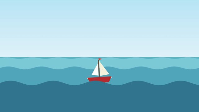 Simple cartoon sailboat animation on blue ocean waves, loop footage