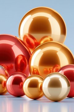Shiny gold and red Christmas ornaments stacked in a festive metallic holiday still life