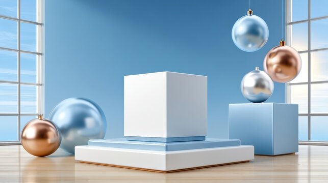 Luxury blank product box on glossy podium with chrome Christmas ornaments and blue backdrop