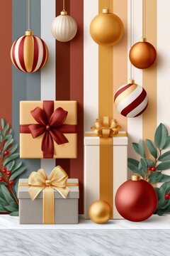 Luxury Christmas gifts and ornaments with gold ribbons and festive striped baubles on marble