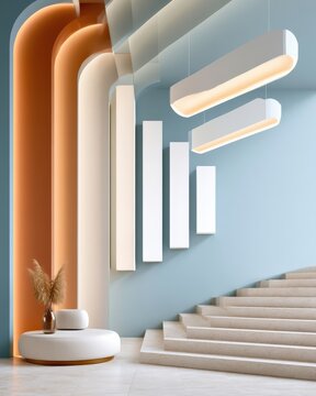 Luxury minimal interior with floating illuminated milestone markers and sculptural staircase