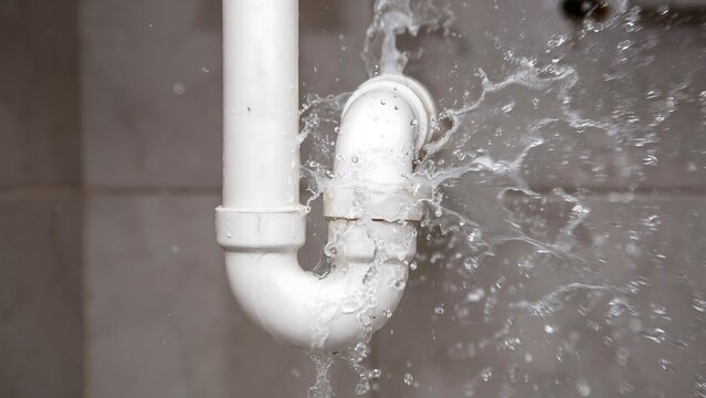 Bursting white plastic pipe with water leaking in residential building, plumbing