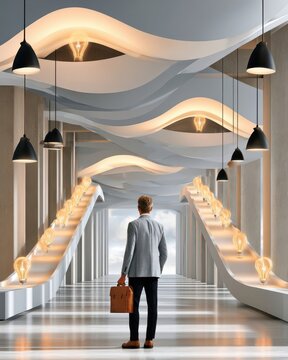 Businessman with briefcase walking through modern corridor of light and idea bulbs toward future opportunity