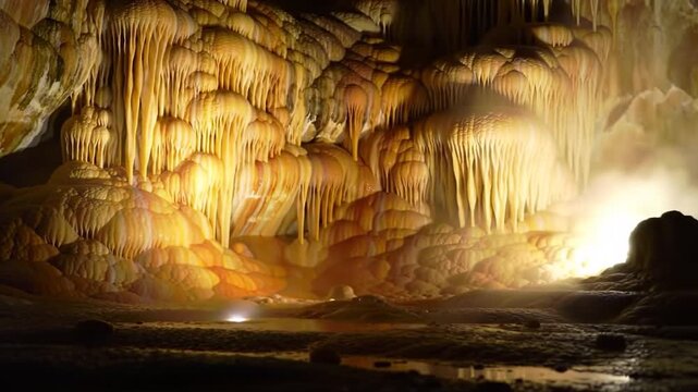 Glowing stalactites inside massive underground limestone cave system.