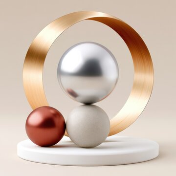 Minimal abstract composition of metallic spheres and a gold ring conveying balance and modern luxury