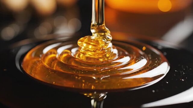 Golden honey dripping onto a black spoon surface.