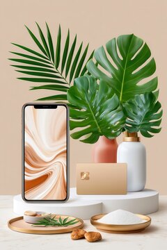 Minimal luxury smartphone and credit card still life with tropical leaves and spa elements