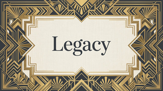 Art Deco vintage frame with Legacy text, elegant gold and black geometric border, luxury 1920s Gatsby style invitation background