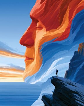 Solo hiker on cliff gazes at a giant face in a surreal coastal sunset landscape