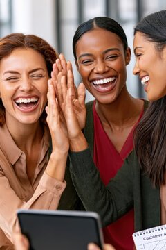 Three coworkers high five and laugh together celebrating team success in a modern office