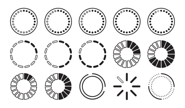 Circle dashes set, circular scale, blank clock face markings, download, upload, and wait concept