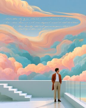 Young entrepreneur standing on rooftop terrace looking at dreamy pastel clouds in a modern scene