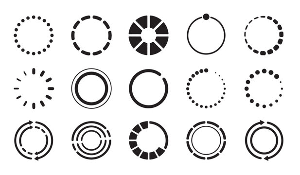 Loading bar and circular progress spinner icons set isolated on white background.