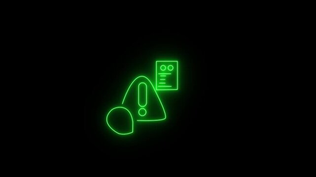 Glowing neon green con featuring a shield, a warning triangle with an exclamation mark, and a document report. Animated security risk alert, system warning, threat detection icon on a black background