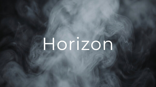 Atmospheric white smoke background with Horizon text, cinematic misty fog texture on dark backdrop, ethereal vapor clouds for creative overlays